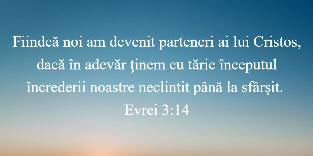 Fiindcă noi am devenit parteneri ai lui Cristos, dacă în adevăr ţinem cu tărie începutul încrederii noastre neclintit până la sfârşit. Evrei 3:14