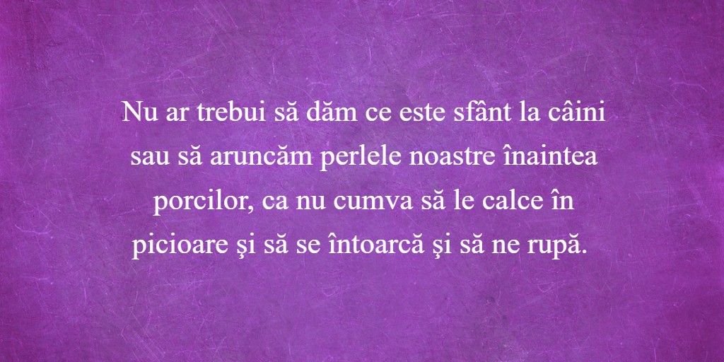 Nu ar trebui să dăm ce este sfânt la câini sau să aruncăm perlele noastre înaintea porcilor, ca nu cumva să le calce în picioare şi să se întoarcă şi să ne rupă.