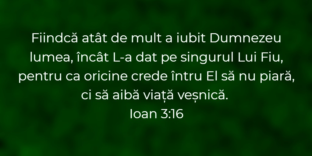 Fiindcă atât de mult a iubit Dumnezeu lumea, încât L-a dat pe singurul Lui Fiu, pentru ca oricine crede întru El să nu piară, ci să aibă viață veșnică. Ioan 3:16