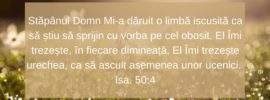 Stăpânul Domn Mi‑a dăruit o limbă iscusită ca să știu să sprijin cu vorba pe cel obosit. El Îmi trezește, în fiecare dimineață, El Îmi trezește urechea, ca să ascult asemenea unor ucenici. Isa. 50:4