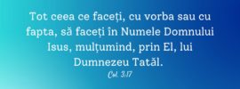 Tot ceea ce faceți, cu vorba sau cu fapta, să faceți în Numele Domnului Isus, mulțumind, prin El, lui Dumnezeu Tatăl. Col. 3:17