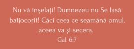 Nu vă înșelați! Dumnezeu nu Se lasă batjocorit! Căci ceea ce seamănă omul, aceea va și secera. Gal. 6:7