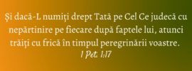 Și dacă‑L numiți drept Tată pe Cel Ce judecă cu nepărtinire pe fiecare după faptele lui, atunci trăiți cu frică în timpul peregrinării voastre. 1 Pet. 1:17