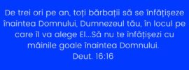 De trei ori pe an, toți bărbații să se înfățișeze înaintea Domnului, Dumnezeul tău, în locul pe care îl va alege El...Să nu te înfățișezi cu mâinile goale înaintea Domnului. Deut. 16:16