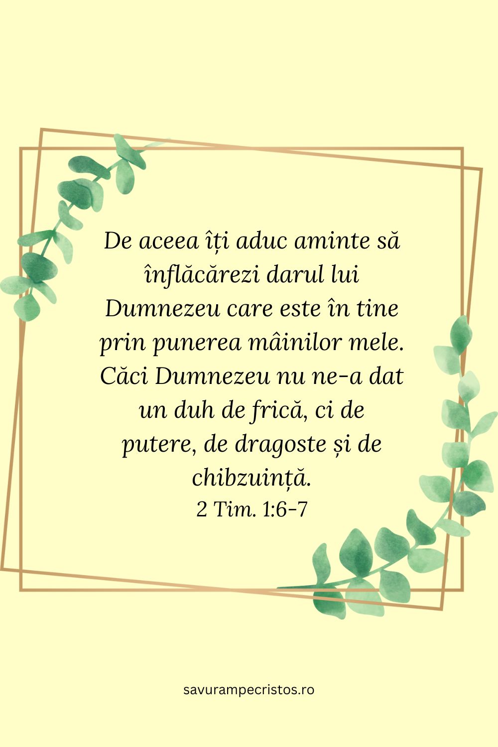 De aceea îți aduc aminte să înflăcărezi darul lui Dumnezeu care este în tine prin punerea mâinilor mele. Căci Dumnezeu nu ne-a dat un duh de frică, ci de putere, de dragoste și de chibzuință. 2 Tim. 1:6-7