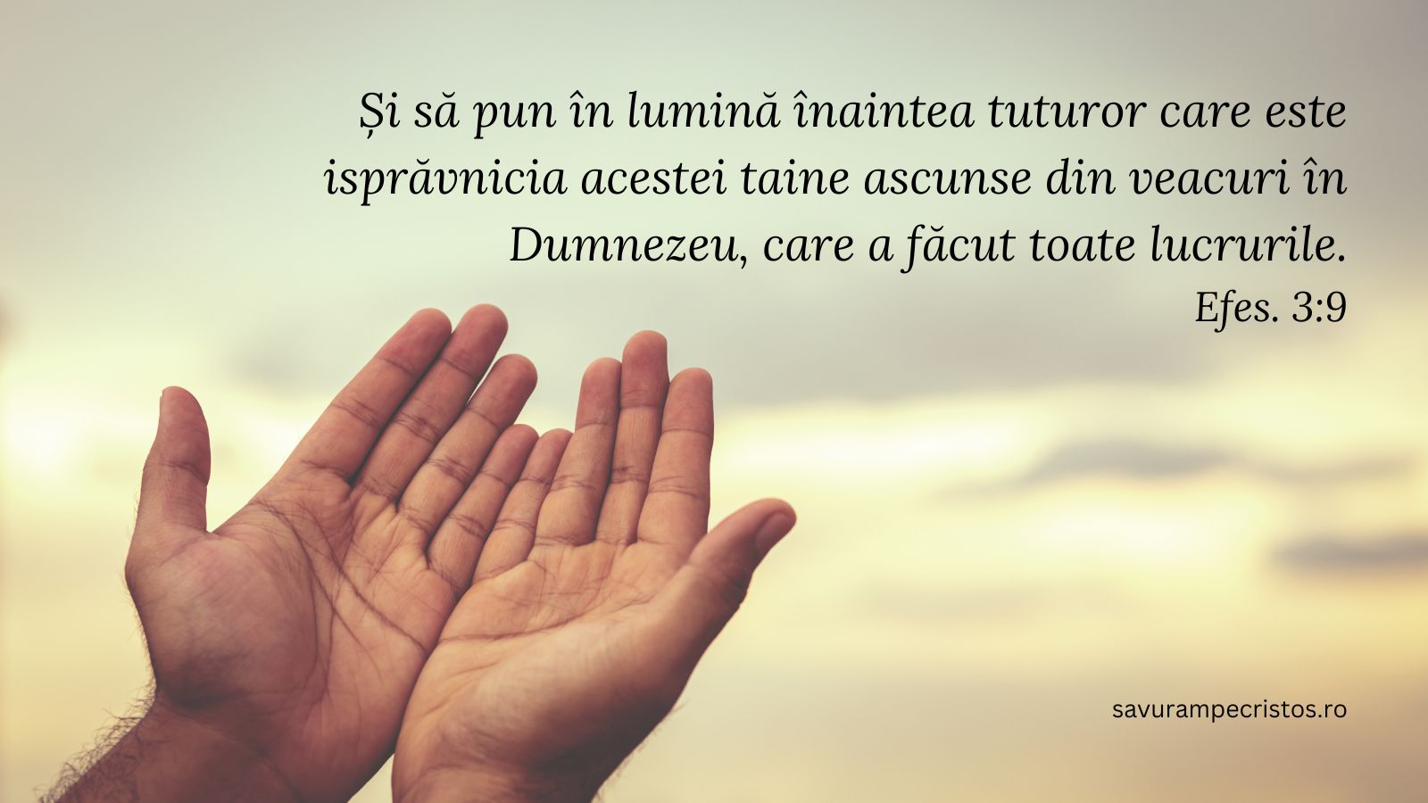 Și să pun în lumină înaintea tuturor care este isprăvnicia acestei taine ascunse din veacuri în Dumnezeu, care a făcut toate lucrurile. Efes. 3:9