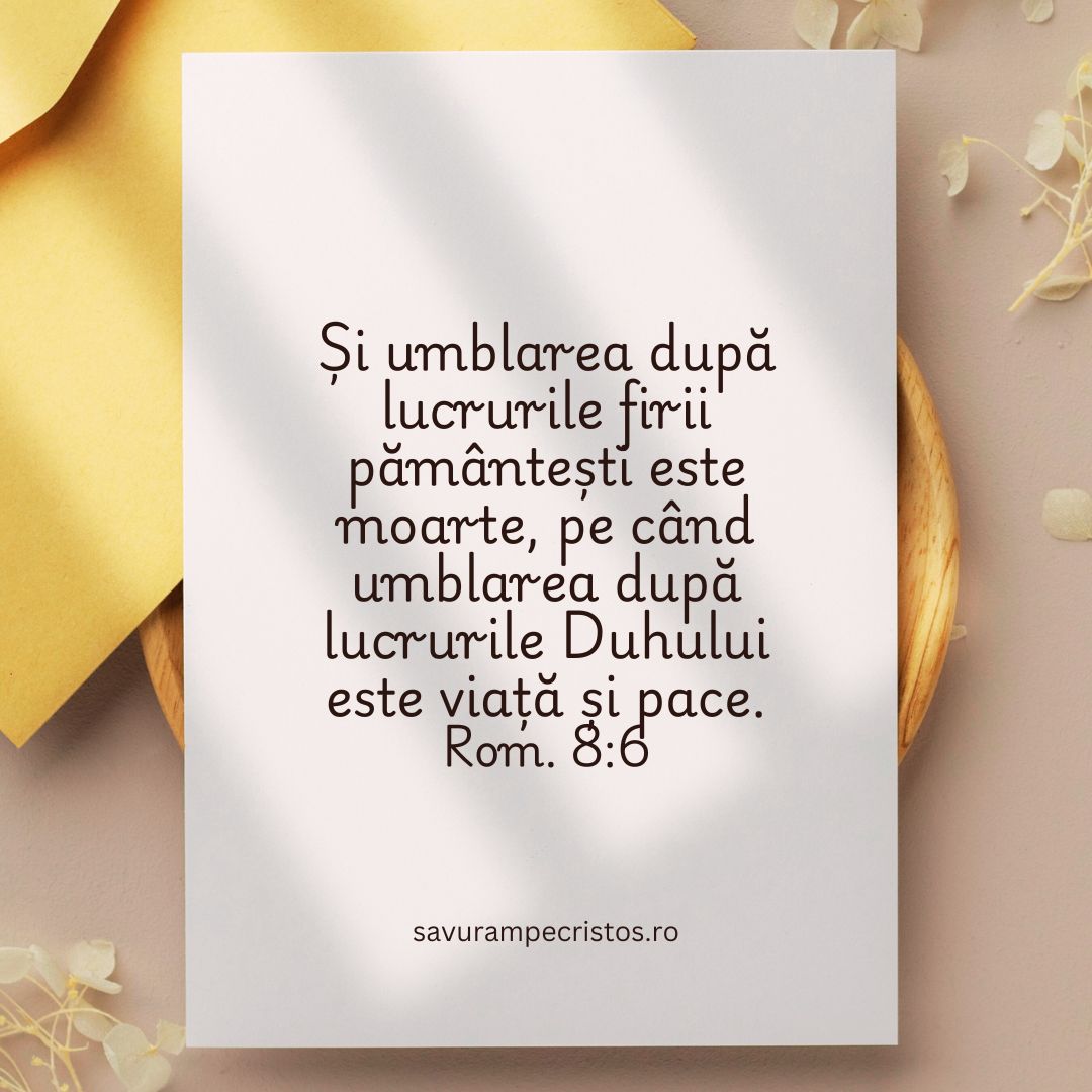 Și umblarea după lucrurile firii pământești este moarte, pe când umblarea după lucrurile Duhului este viață și pace. Rom. 8:6