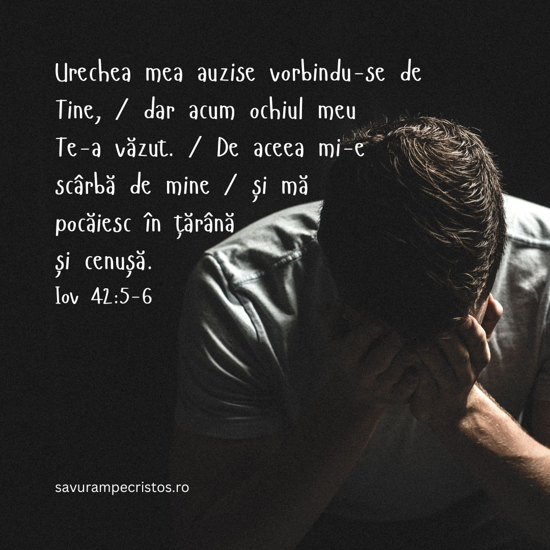 Urechea mea auzise vorbindu-se de Tine, / dar acum ochiul meu Te-a văzut. / De aceea mi-e scârbă de mine / și mă pocăiesc în țărână și cenușă. Iov 42:5-6
