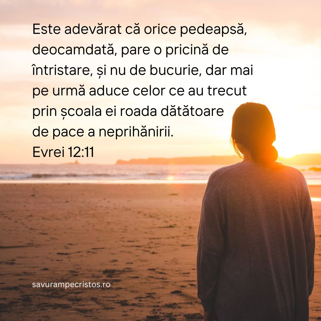 Este adevărat că orice pedeapsă, deocamdată, pare o pricină de întristare, și nu de bucurie, dar mai pe urmă aduce celor ce au trecut prin școala ei roada dătătoare de pace a neprihănirii. Evrei 12:11