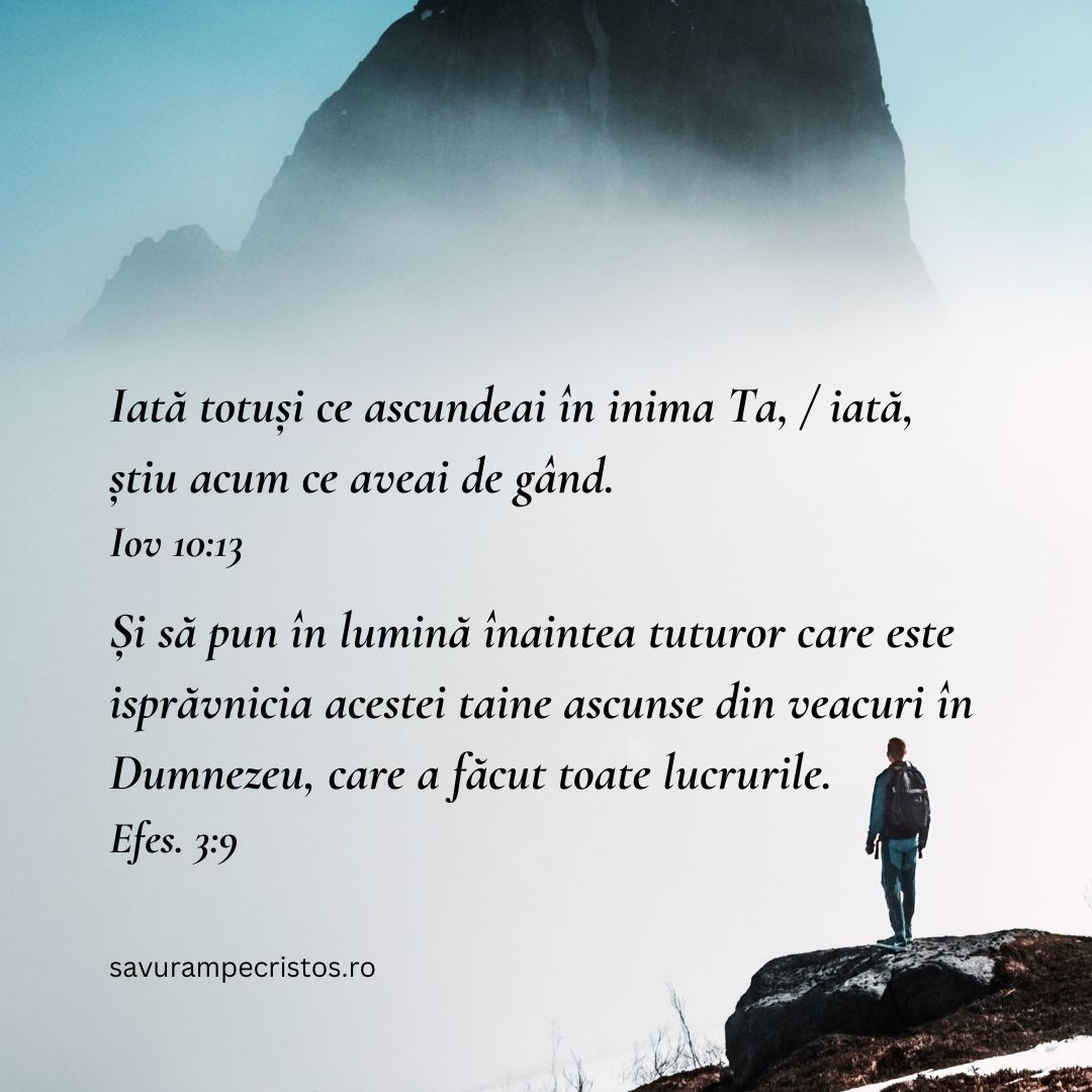 Iată totuși ce ascundeai în inima Ta, / iată, știu acum ce aveai de gând. Iov 10:13 Și să pun în lumină înaintea tuturor care este isprăvnicia acestei taine ascunse din veacuri în Dumnezeu, care a făcut toate lucrurile. Efes. 3:9