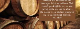 Moabul era netulburat din tinerețea lui și se odihnea fără teamă pe drojdiile lui, nu era turnat dintr-un vas în altul.... De aceea i s-a păstrat gustul și nu i s-a schimbat mirosul. Ier. 48:11