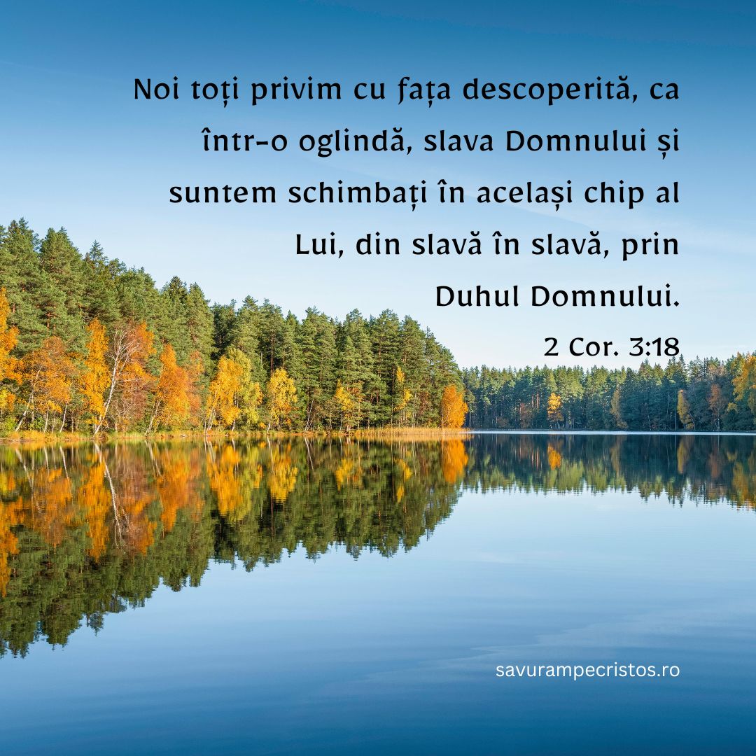 Noi toți privim cu fața descoperită, ca într-o oglindă, slava Domnului și suntem schimbați în același chip al Lui, din slavă în slavă, prin Duhul Domnului. 2 Cor. 3:18