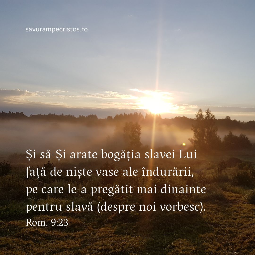 Și să-Și arate bogăția slavei Lui față de niște vase ale îndurării, pe care le-a pregătit mai dinainte pentru slavă (despre noi vorbesc). Rom. 9:23 