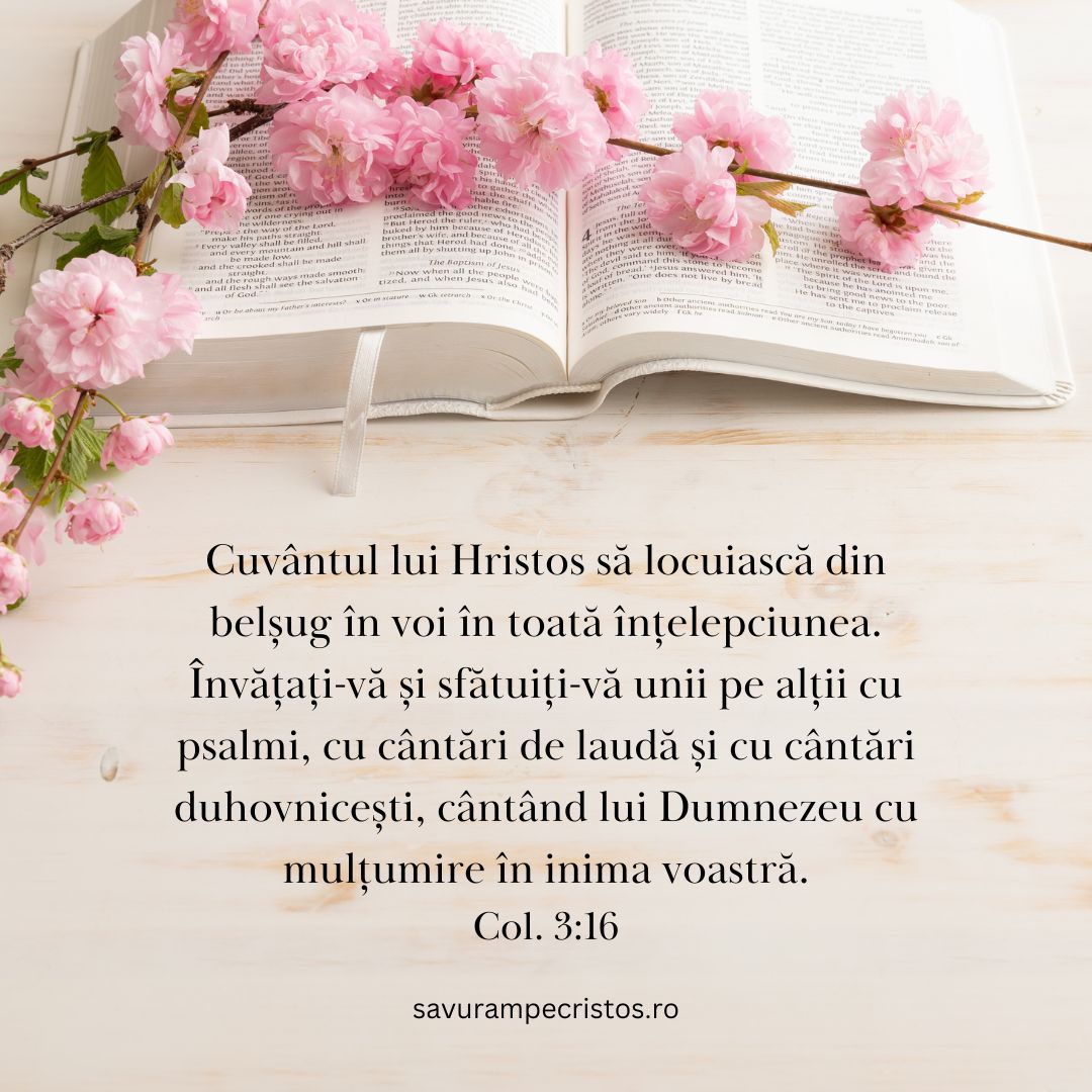 Cuvântul lui Hristos să locuiască din belșug în voi în toată înțelepciunea. Învățați-vă și sfătuiți-vă unii pe alții cu psalmi, cu cântări de laudă și cu cântări duhovnicești, cântând lui Dumnezeu cu mulțumire în inima voastră. Col. 3:16