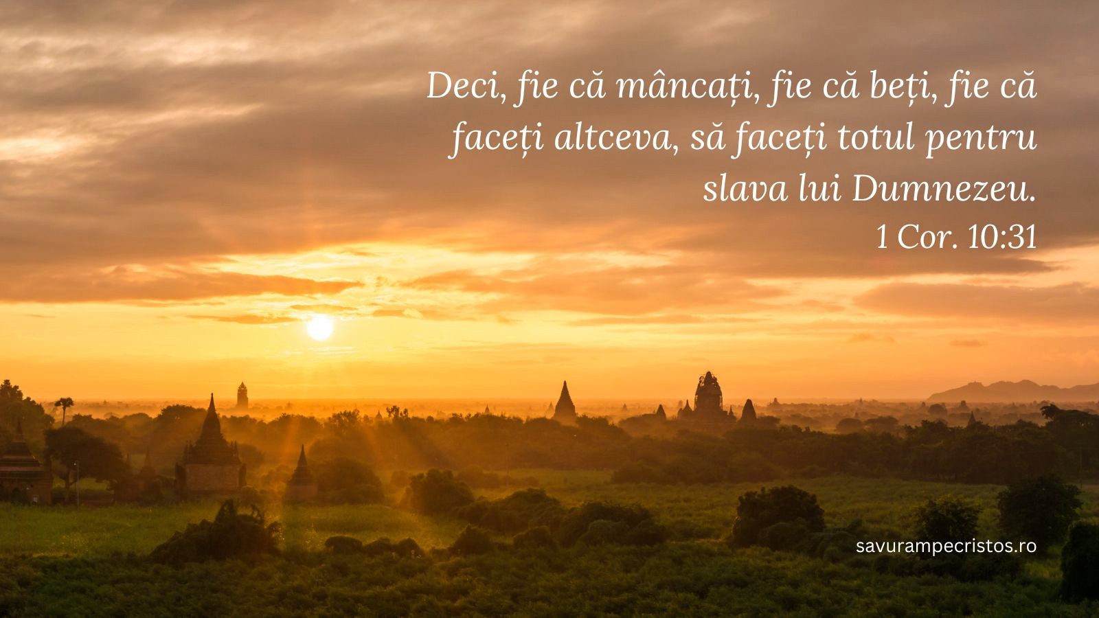 Deci, fie că mâncați, fie că beți, fie că faceți altceva, să faceți totul pentru slava lui Dumnezeu. 1 Cor. 10:31