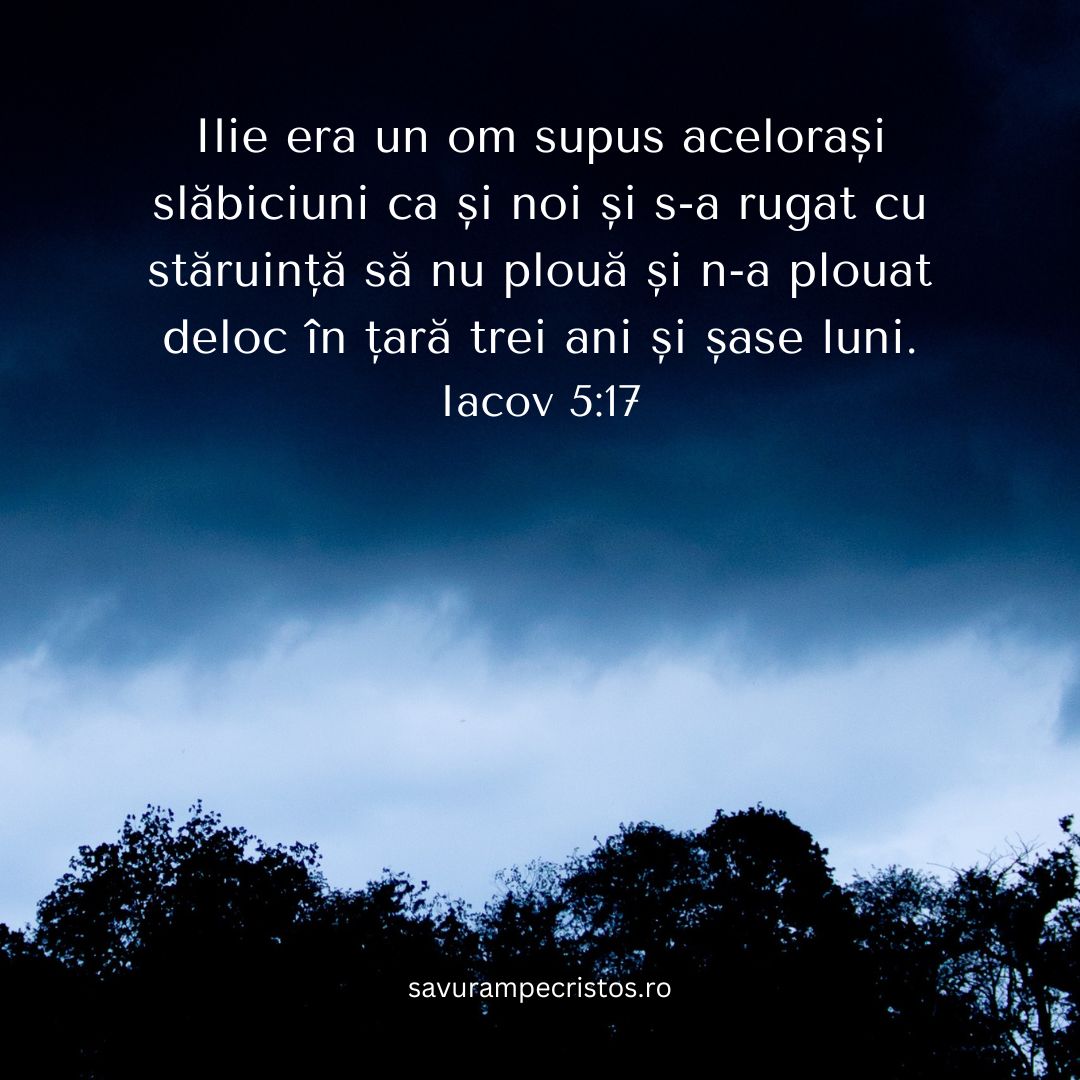 Ilie era un om supus acelorași slăbiciuni ca și noi și s-a rugat cu stăruință să nu plouă și n-a plouat deloc în țară trei ani și șase luni. Iacov 5:17