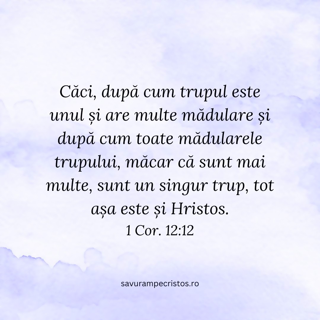 Căci, după cum trupul este unul și are multe mădulare și după cum toate mădularele trupului, măcar că sunt mai multe, sunt un singur trup, tot așa este și Hristos. 1 Cor. 12:12