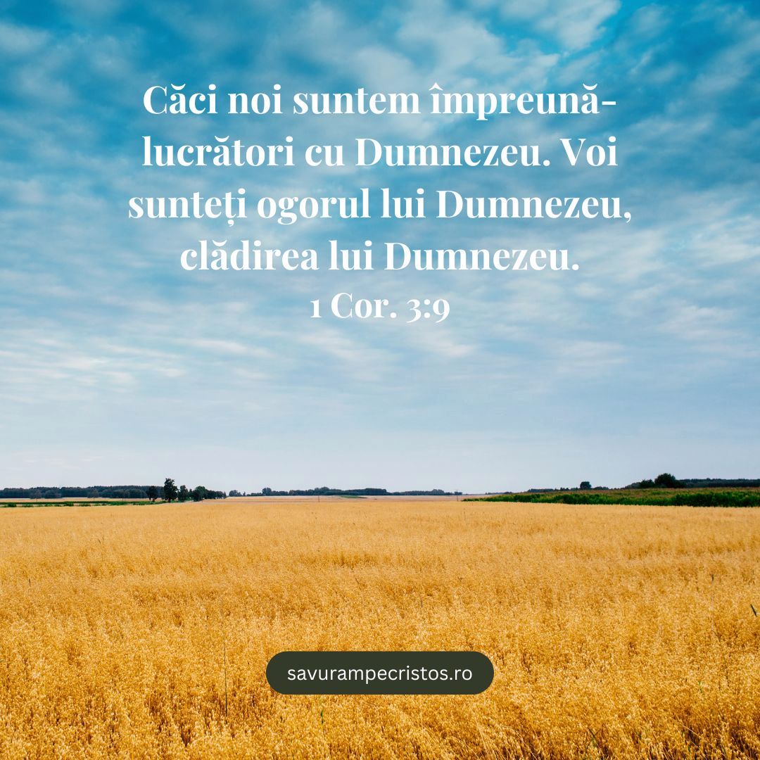 Căci noi suntem împreună-lucrători cu Dumnezeu. Voi sunteți ogorul lui Dumnezeu, clădirea lui Dumnezeu. 1 Cor. 3:9
