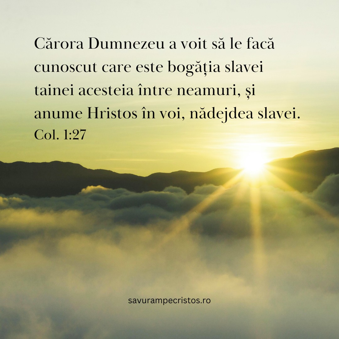 Cărora Dumnezeu a voit să le facă cunoscut care este bogăția slavei tainei acesteia între neamuri, și anume Hristos în voi, nădejdea slavei. Col. 1:27
