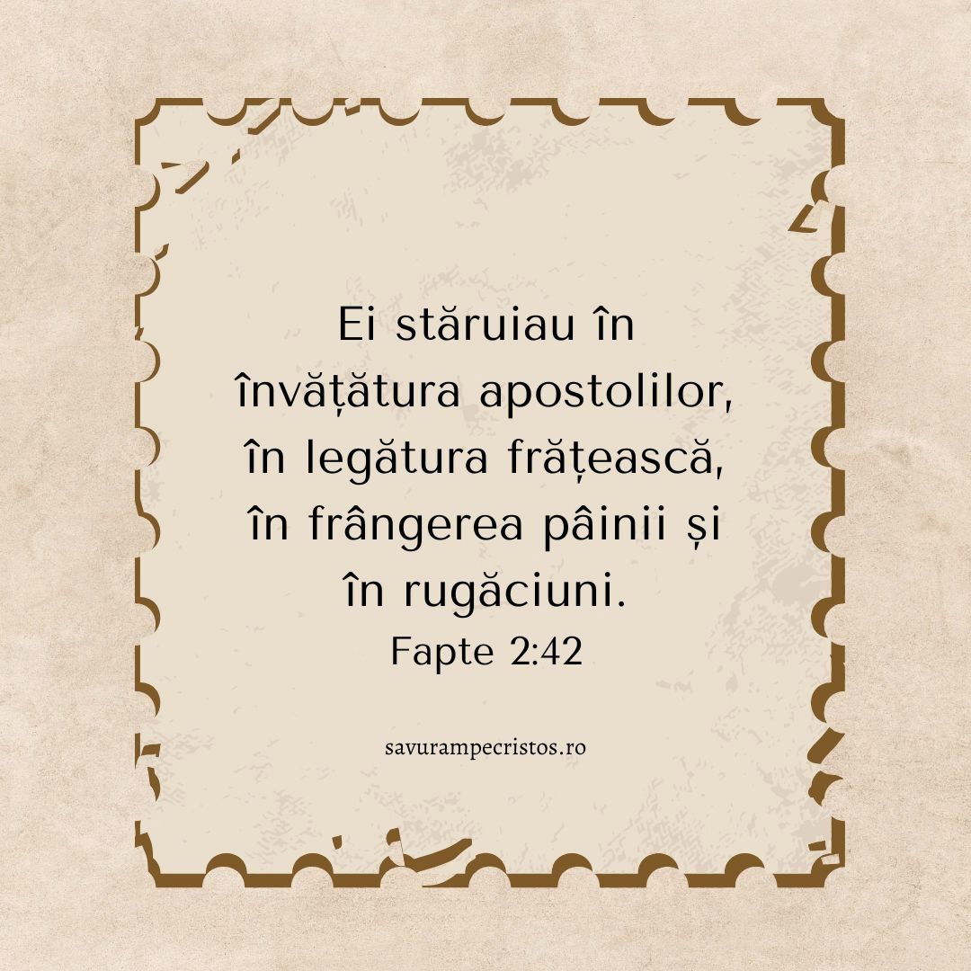 Ei stăruiau în învățătura apostolilor, în legătura frățească, în frângerea pâinii și în rugăciuni. Fapte 2:42
