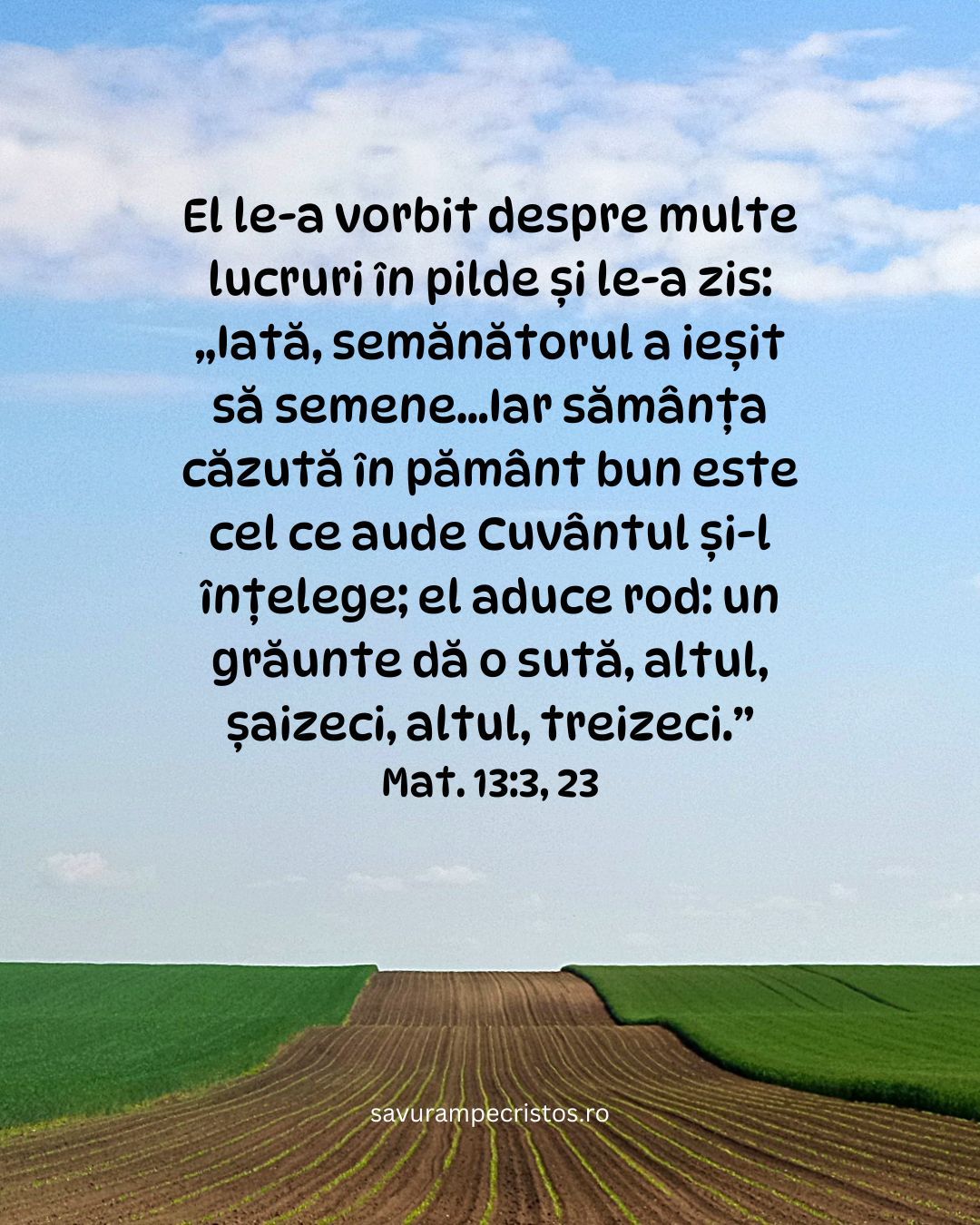 El le-a vorbit despre multe lucruri în pilde și le-a zis: „Iată, semănătorul a ieșit să semene...Iar sămânța căzută în pământ bun este cel ce aude Cuvântul și-l înțelege; el aduce rod: un grăunte dă o sută, altul, șaizeci, altul, treizeci.” Mat. 13:3, 23
