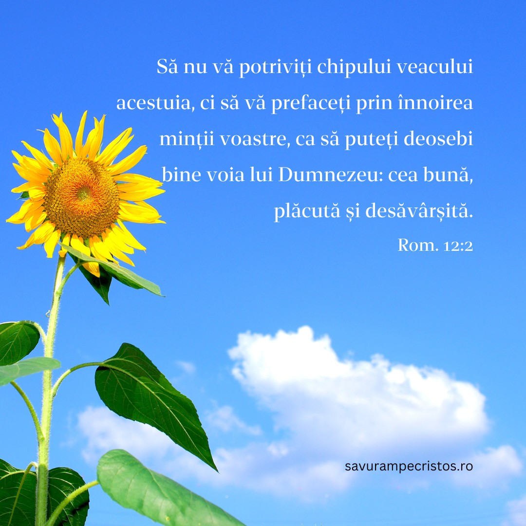 Să nu vă potriviți chipului veacului acestuia, ci să vă prefaceți prin înnoirea minții voastre, ca să puteți deosebi bine voia lui Dumnezeu: cea bună, plăcută și desăvârșită. Rom. 12:2