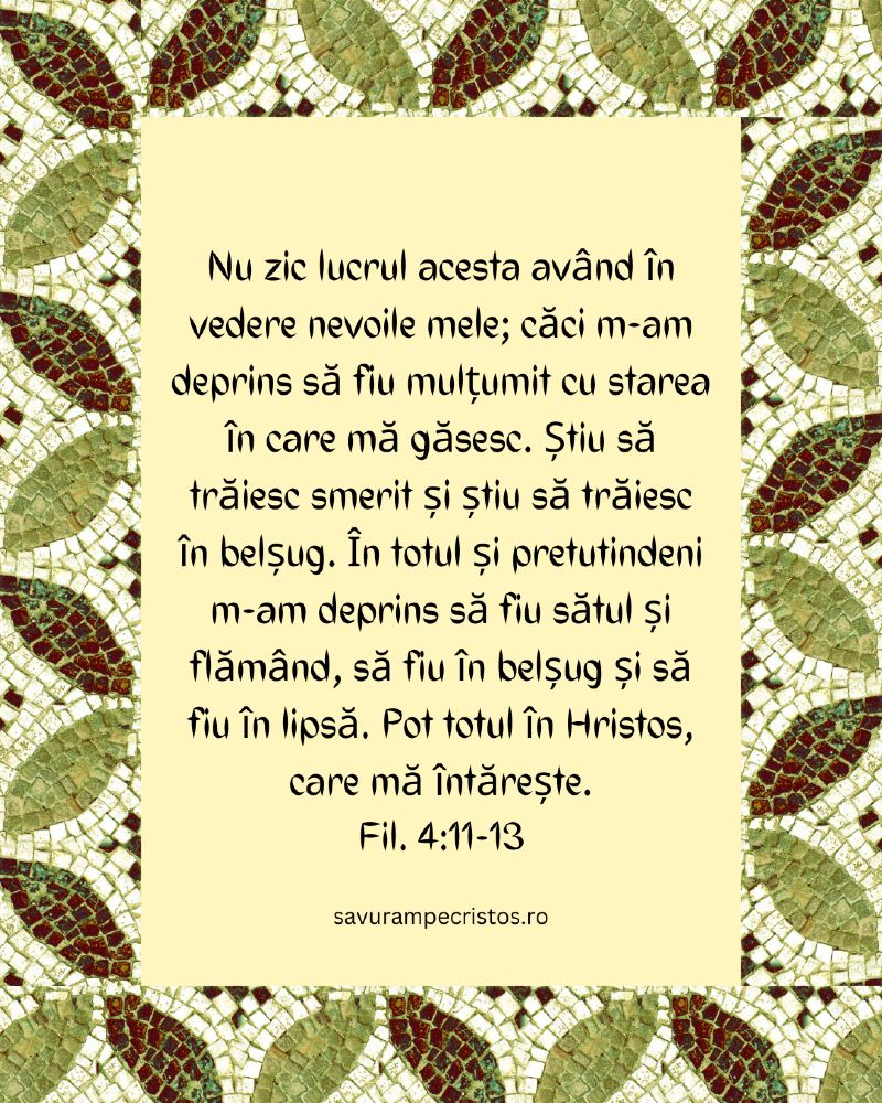 Nu zic lucrul acesta având în vedere nevoile mele; căci m-am deprins să fiu mulțumit cu starea în care mă găsesc. Știu să trăiesc smerit și știu să trăiesc în belșug. În totul și pretutindeni m-am deprins să fiu sătul și flămând, să fiu în belșug și să fiu în lipsă. Pot totul în Hristos, care mă întărește. Fil. 4:11-13