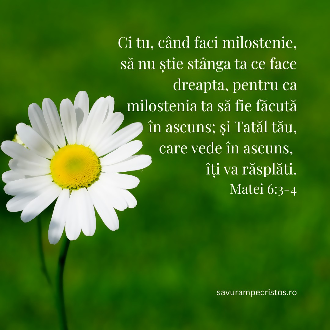 Ci tu, când faci milostenie, să nu știe stânga ta ce face dreapta, pentru ca milostenia ta să fie făcută în ascuns; și Tatăl tău, care vede în ascuns, îți va răsplăti. Matei 6:3-4 