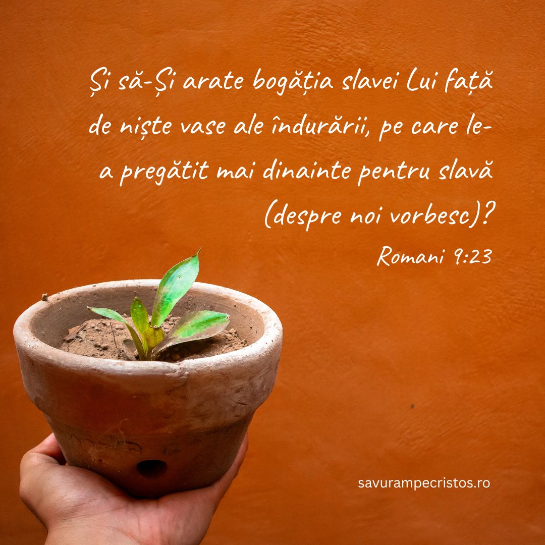 Și să-Și arate bogăția slavei Lui față de niște vase ale îndurării, pe care le-a pregătit mai dinainte pentru slavă (despre noi vorbesc)? Romani 9:23