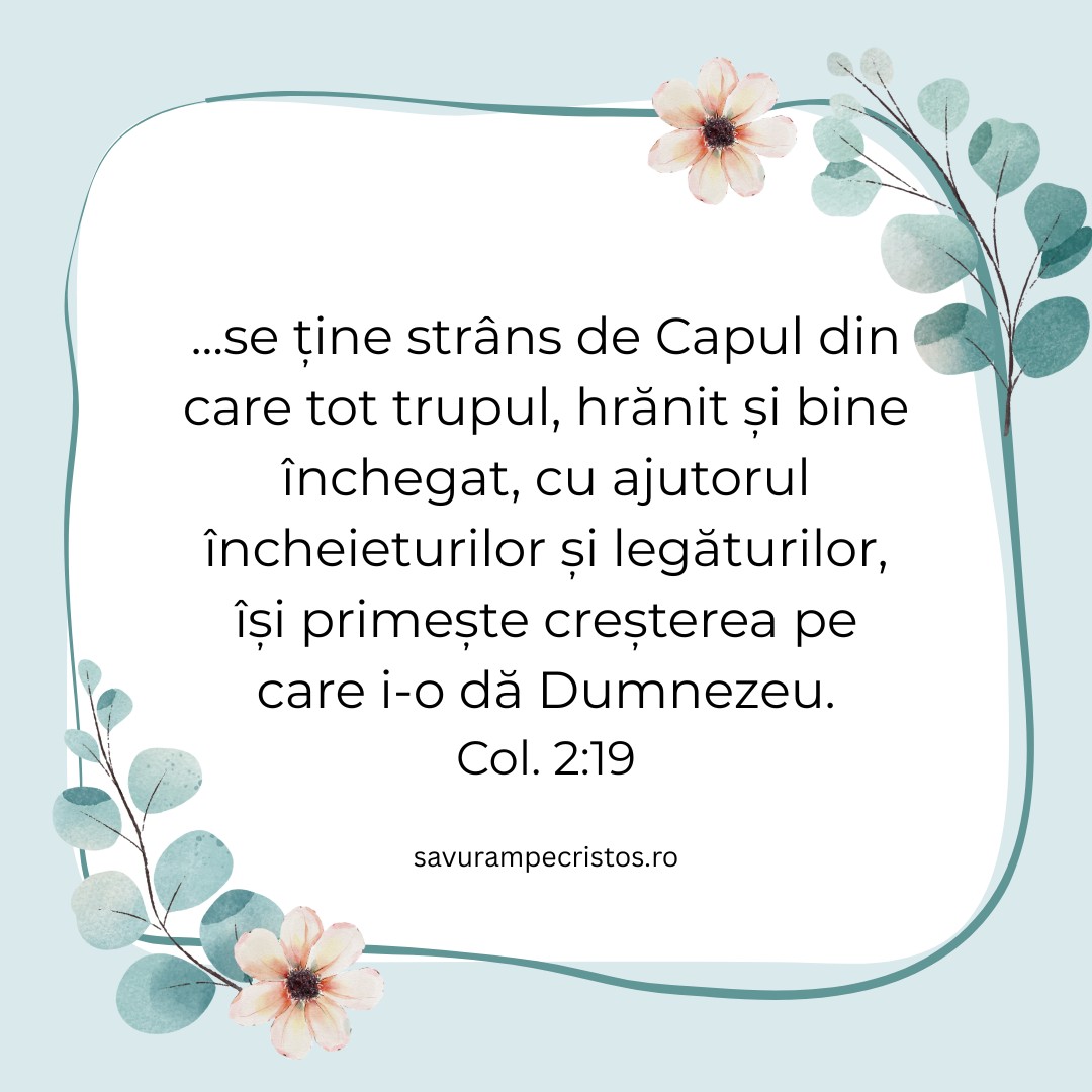 ...se ține strâns de Capul din care tot trupul, hrănit și bine închegat, cu ajutorul încheieturilor și legăturilor, își primește creșterea pe care i-o dă Dumnezeu. Col. 2:19
