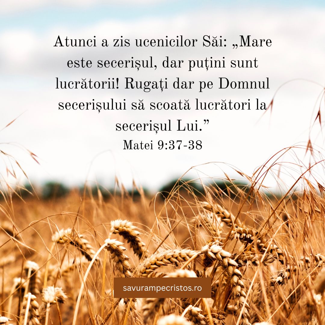 Atunci a zis ucenicilor Săi: „Mare este secerișul, dar puțini sunt lucrătorii! Rugați dar pe Domnul secerișului să scoată lucrători la secerișul Lui.” Matei 9:37-38 