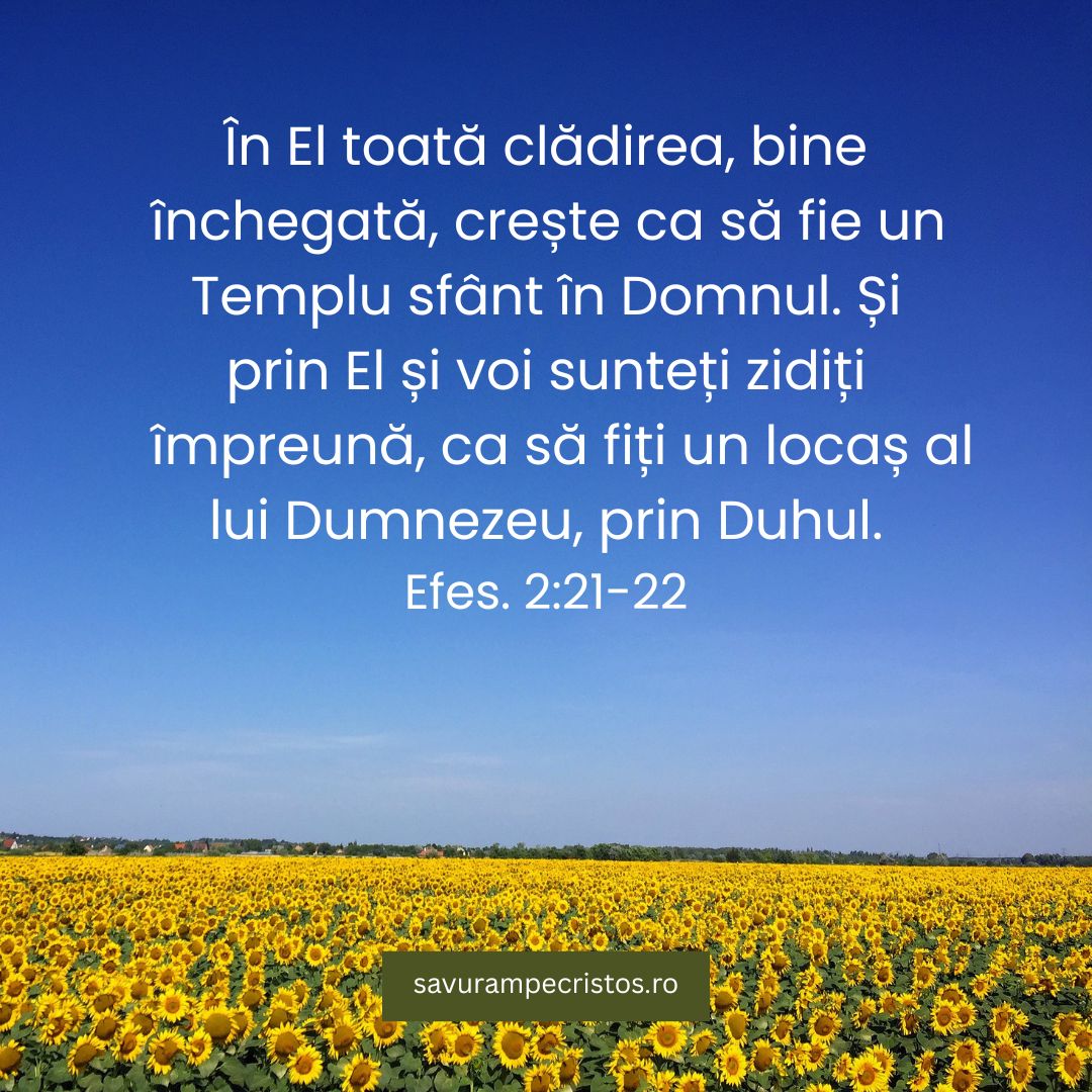În El toată clădirea, bine închegată, crește ca să fie un Templu sfânt în Domnul. Și prin El și voi sunteți zidiți împreună, ca să fiți un locaș al lui Dumnezeu, prin Duhul. Efes. 2:21-22