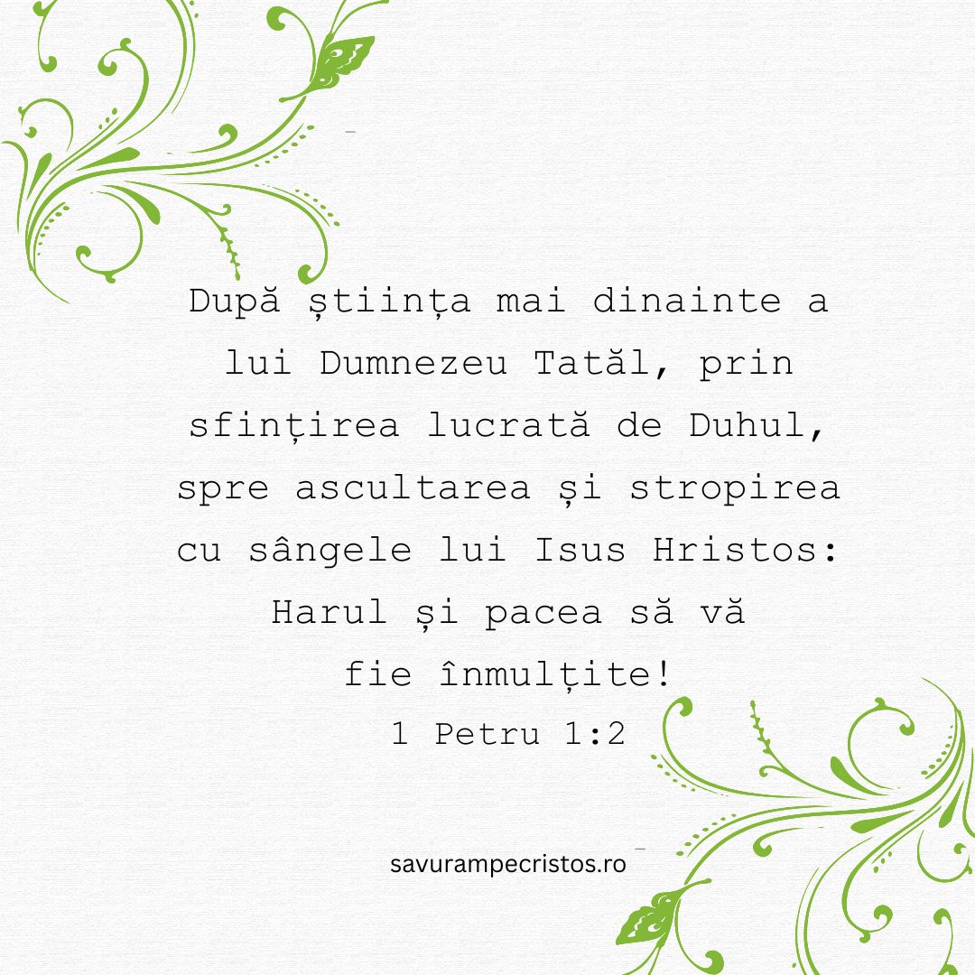 După știința mai dinainte a lui Dumnezeu Tatăl, prin sfințirea lucrată de Duhul, spre ascultarea și stropirea cu sângele lui Isus Hristos: Harul și pacea să vă fie înmulțite! 1 Petru 1:2
