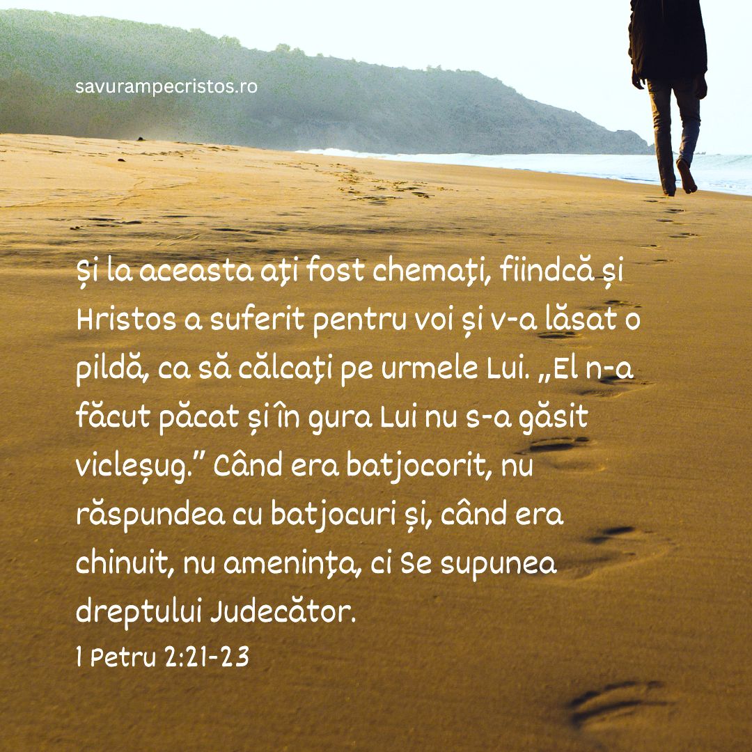 Și la aceasta ați fost chemați, fiindcă și Hristos a suferit pentru voi și v-a lăsat o pildă, ca să călcați pe urmele Lui. „El n-a făcut păcat și în gura Lui nu s-a găsit vicleșug.” Când era batjocorit, nu răspundea cu batjocuri și, când era chinuit, nu amenința, ci Se supunea dreptului Judecător. 1 Petru 2:21-23