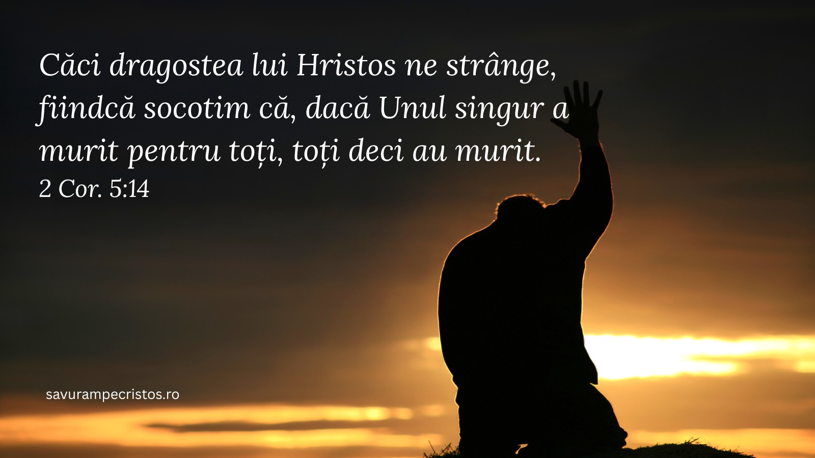Căci dragostea lui Hristos ne strânge, fiindcă socotim că, dacă Unul singur a murit pentru toți, toți deci au murit. 2 Cor. 5:14