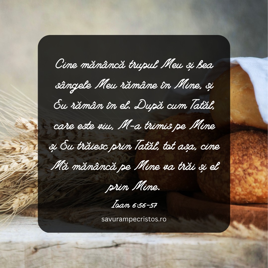 Cine mănâncă trupul Meu și bea sângele Meu rămâne în Mine, și Eu rămân în el. După cum Tatăl, care este viu, M-a trimis pe Mine și Eu trăiesc prin Tatăl, tot așa, cine Mă mănâncă pe Mine va trăi și el prin Mine. Ioan 6:56-57
