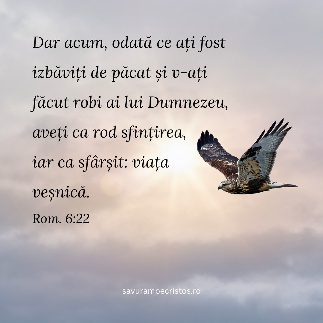 Dar acum, odată ce ați fost izbăviți de păcat și v-ați făcut robi ai lui Dumnezeu, aveți ca rod sfințirea, iar ca sfârșit: viața veșnică. Rom. 6:22
