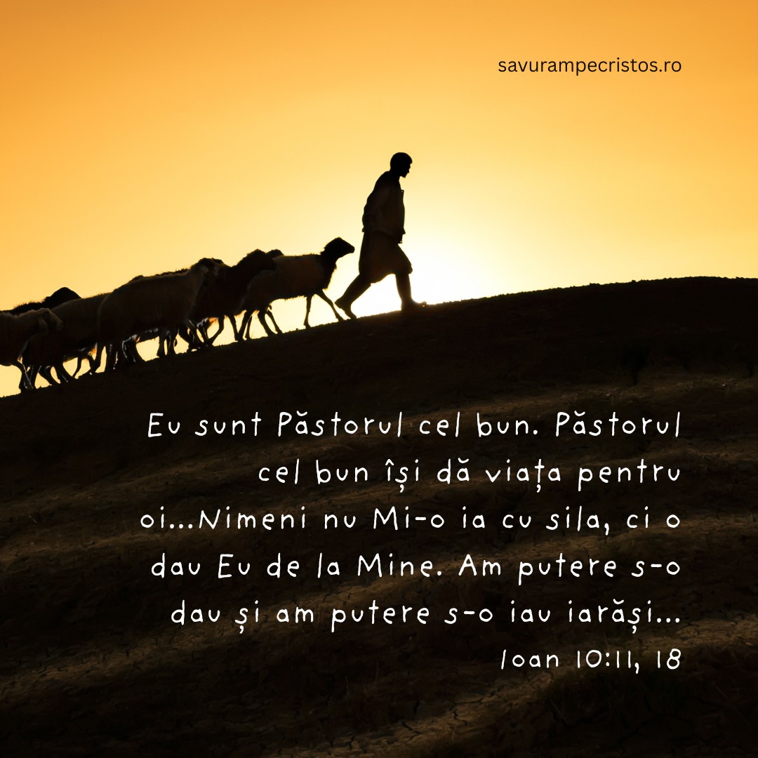Eu sunt Păstorul cel bun. Păstorul cel bun își dă viața pentru oi...Nimeni nu Mi-o ia cu sila, ci o dau Eu de la Mine. Am putere s-o dau și am putere s-o iau iarăși... Ioan 10:11, 18 