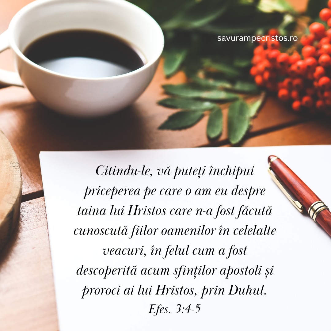 Citindu-le, vă puteți închipui priceperea pe care o am eu despre taina lui Hristos care n-a fost făcută cunoscută fiilor oamenilor în celelalte veacuri, în felul cum a fost descoperită acum sfinților apostoli și proroci ai lui Hristos, prin Duhul. Efes. 3:4-5