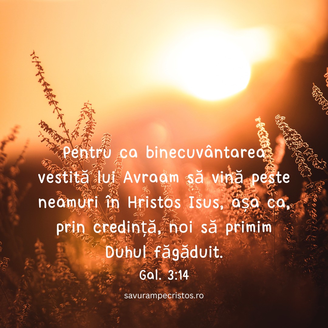 Pentru ca binecuvântarea vestită lui Avraam să vină peste neamuri în Hristos Isus, așa ca, prin credință, noi să primim Duhul făgăduit. Gal. 3:14 