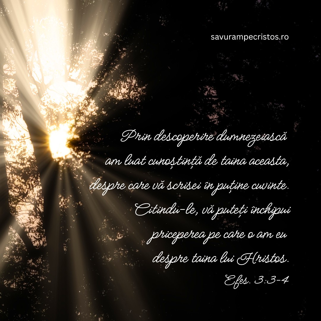 Prin descoperire dumnezeiască am luat cunoștință de taina aceasta, despre care vă scrisei în puține cuvinte. Citindu-le, vă puteți închipui priceperea pe care o am eu despre taina lui Hristos. Efes. 3:3-4