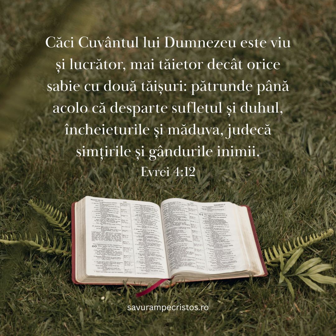 Căci Cuvântul lui Dumnezeu este viu și lucrător, mai tăietor decât orice sabie cu două tăișuri: pătrunde până acolo că desparte sufletul și duhul, încheieturile și măduva, judecă simțirile și gândurile inimii. Evrei 4:12
