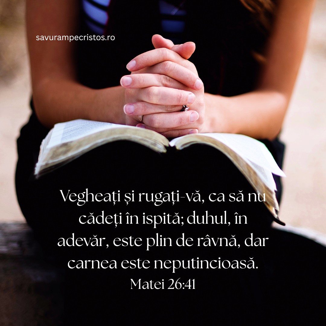 Vegheați și rugați-vă, ca să nu cădeți în ispită; duhul, în adevăr, este plin de râvnă, dar carnea este neputincioasă. Matei 26:41