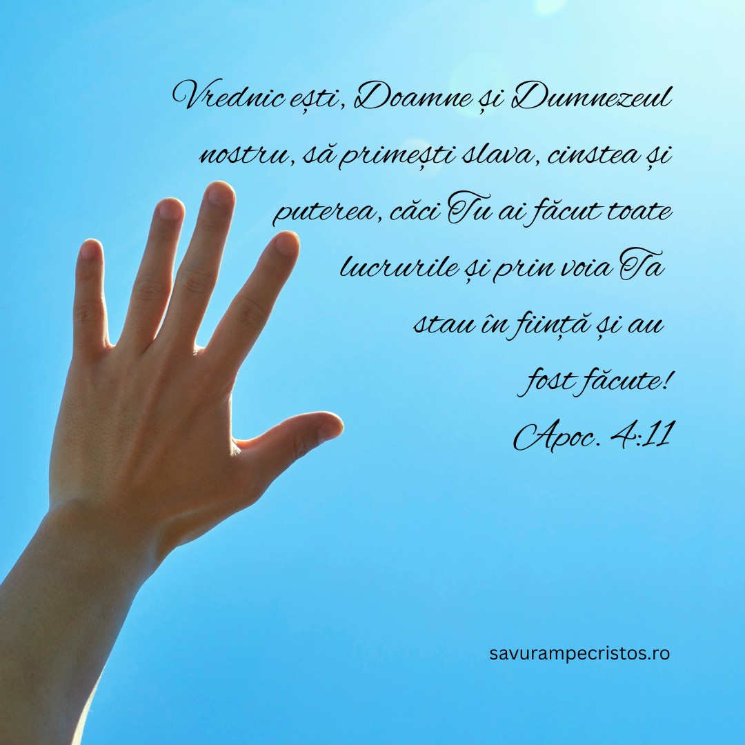 Vrednic ești, Doamne și Dumnezeul nostru, să primești slava, cinstea și puterea, căci Tu ai făcut toate lucrurile și prin voia Ta stau în ființă și au fost făcute! Apoc. 4:11
