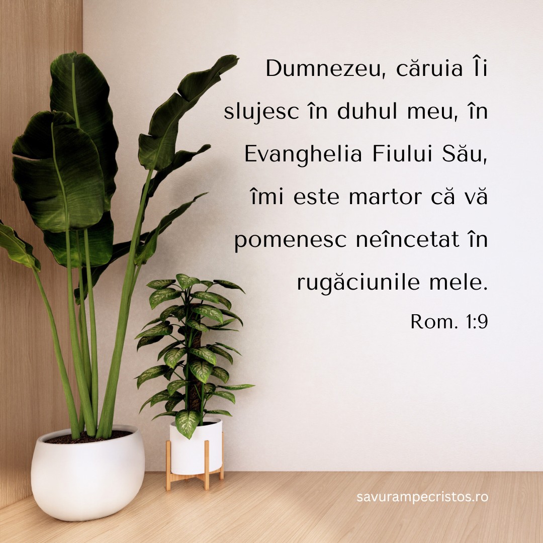 Dumnezeu, căruia Îi slujesc în duhul meu, în Evanghelia Fiului Său, îmi este martor că vă pomenesc neîncetat în rugăciunile mele. Rom. 1:9