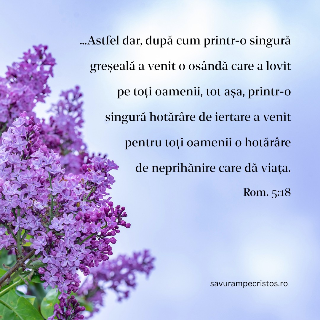 …Astfel dar, după cum printr-o singură greșeală a venit o osândă care a lovit pe toți oamenii, tot așa, printr-o singură hotărâre de iertare a venit pentru toți oamenii o hotărâre de neprihănire care dă viața. Rom. 5:18