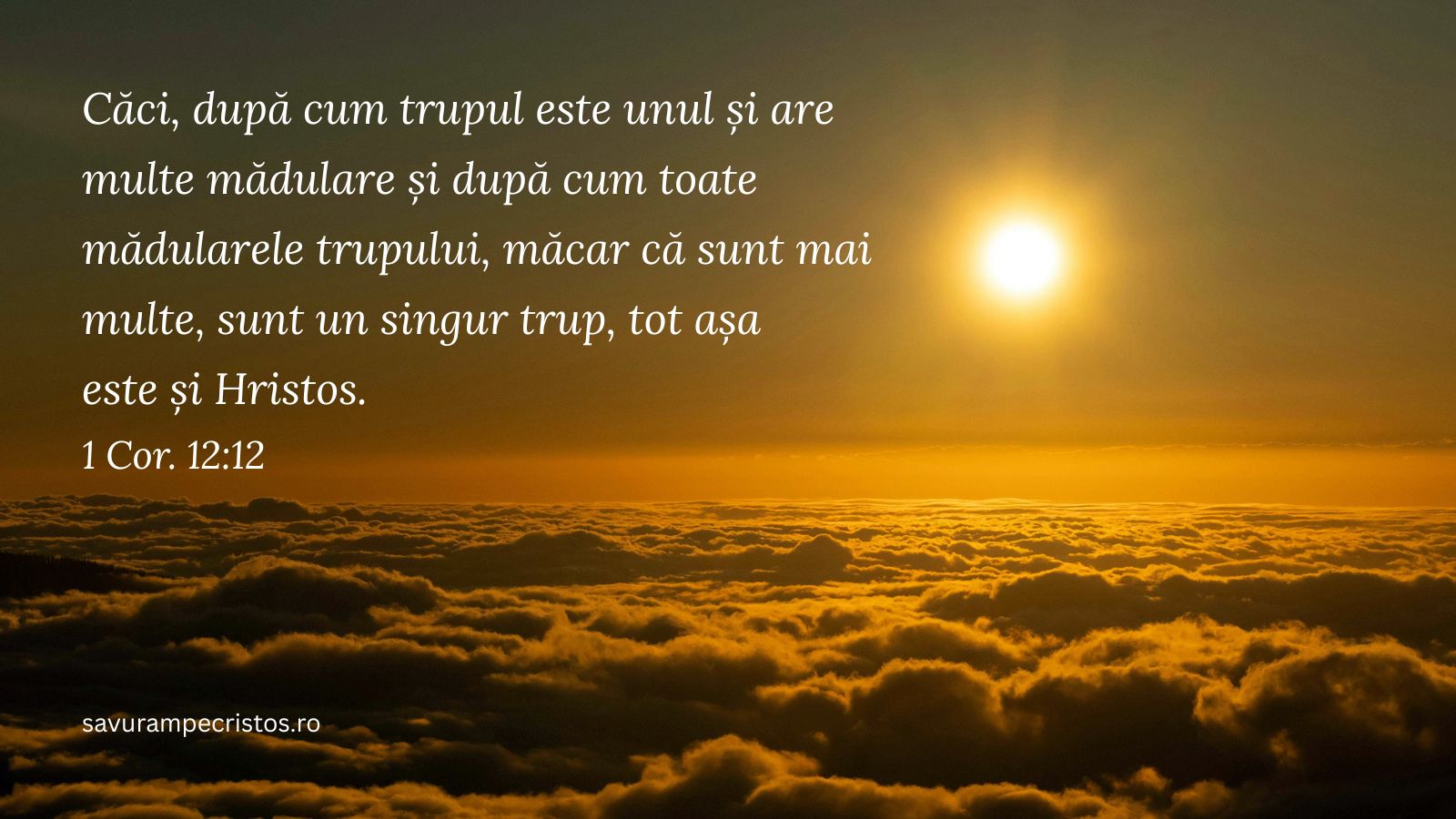 Căci, după cum trupul este unul și are multe mădulare și după cum toate mădularele trupului, măcar că sunt mai multe, sunt un singur trup, tot așa este și Hristos. 1 Cor. 12:12