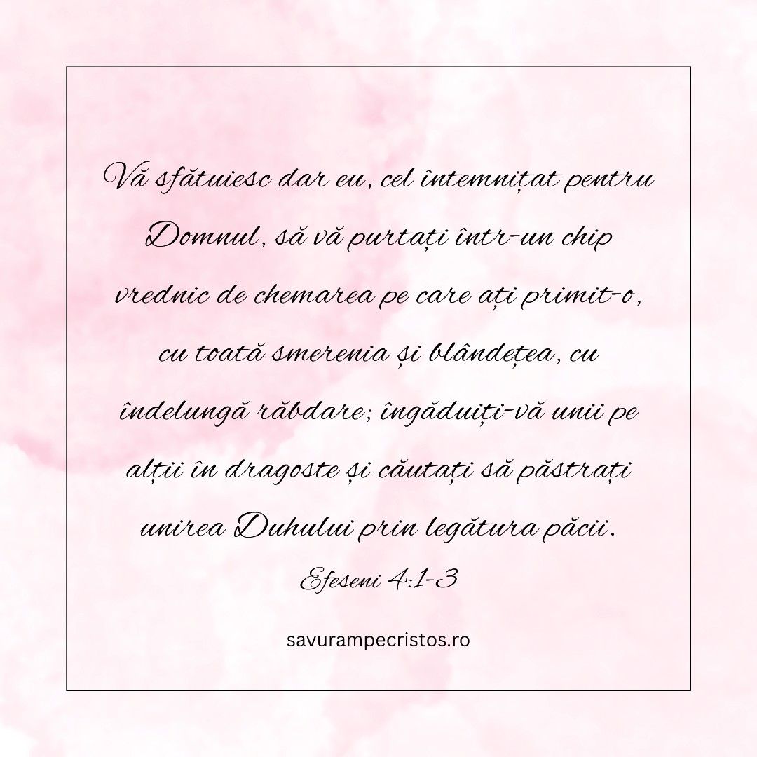 Vă sfătuiesc dar eu, cel întemnițat pentru Domnul, să vă purtați într-un chip vrednic de chemarea pe care ați primit-o, cu toată smerenia și blândețea, cu îndelungă răbdare; îngăduiți-vă unii pe alții în dragoste și căutați să păstrați unirea Duhului prin legătura păcii. Efeseni 4:1-3