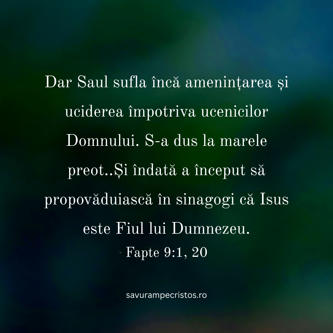 Dar Saul sufla încă amenințarea și uciderea împotriva ucenicilor Domnului. S-a dus la marele preot..Și îndată a început să propovăduiască în sinagogi că Isus este Fiul lui Dumnezeu. Fapte 9:1, 20 
