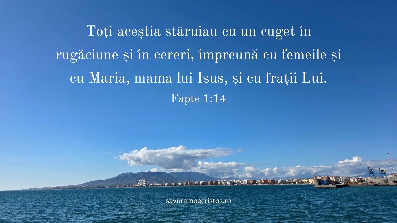 Toți aceștia stăruiau cu un cuget în rugăciune și în cereri, împreună cu femeile și cu Maria, mama lui Isus, și cu frații Lui. Fapte 1:14 